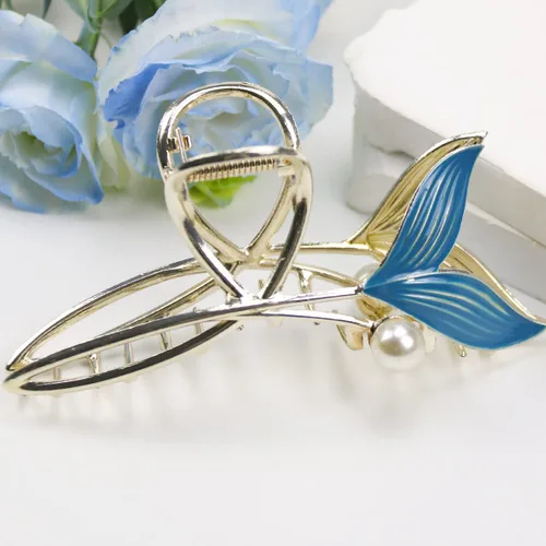 Miniatura 6 de Pinzas para el pelo de cola de pez azul con perla, pinzas de pelo de sirena para mujer, pinza de pelo de metal dorado grande, pinzas de sujeción