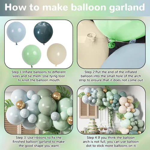 Miniatura 7 de HILAVO Kit de Arco de Globos Azul Polvoriento Verde Salvia Azul Pizarra Niebla Verde Pastel Blanco Arena Beige Dorado Guirnalda de Globos