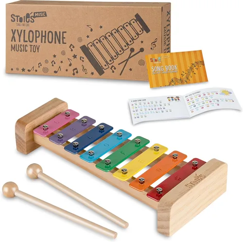 Miniatura 11 de Stoie's Xilófono de madera para niños y bebés, diseño curvo, 8 notas de color arcoíris, xilófono afinado en clave de Do con baquetas, libro