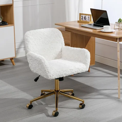 HomVent Bonita silla de oficina peluda, moderna silla de escritorio de piel sintética blanca, silla de escritorio de maquillaje con ruedas y base