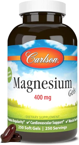 Carlson - Geles de magnesio, 400 mg de magnesio por cápsula blanda, soporte cardíaco y muscular, cápsulas de gel de magnesio, función intestinal,