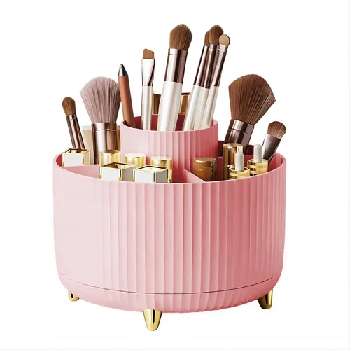 Miniatura 9 de DASITON Soporte para brochas de maquillaje de gran capacidad, organizador de maquillaje giratorio de 360°, 5 ranuras para brochas de maquillaje