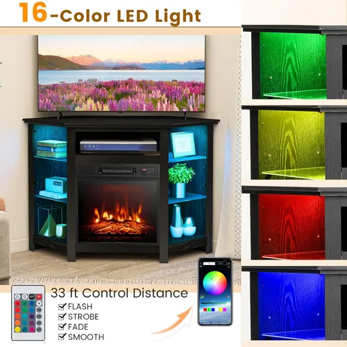 Miniatura 3 de COSTWAY Soporte de TV de esquina con chimenea eléctrica con luces LED de 16 colores, 3 brillos, control remoto y aplicación, moderno centro de Negro