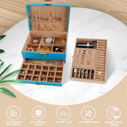 Miniatura 3 de Gifturbo Caja organizadora de joyas para mujeres y niñas, cajas de joyería de piel sintética azul, 3 capas de joyería, caja de regalo para pulseras