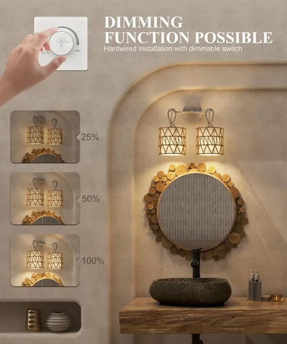 Miniatura 7 de N12-3 Aplique de pared de ratán bohemio de dos luces, accesorios de tocador para espejo, pantalla tejida en cruz y lámpara de pared cableada