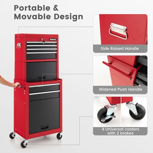 Miniatura 5 de ERGOMASTER Cofre de herramientas con ruedas - Caja superior extraíble, gabinete grande inferior con ruedas y sistema de bloqueo - Caja de Negro&rojo