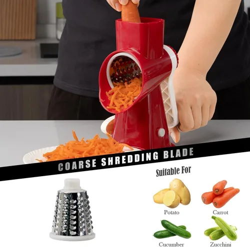Miniatura 3 de Badelite Rallador de Queso con Manivela Giratoria Triturador de Queso Giratoria de Acero Inoxidable Cortador de Verduras para Cocina 3 Cuchillas Rojo