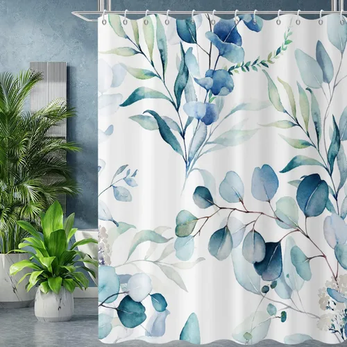 Miniatura 35 de Cortina de ducha de eucalipto, hojas verdes de acuarela en la parte superior con cortina de baño floral, decoración de baño para bañera, tela Hoja