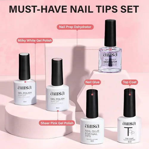 Miniatura 2 de AILLSA Kit de uñas almendra con lámpara UV, 240 piezas de puntas de uñas cortas de gel y kit de pegamento en gel con pegamento de uñas 2 en 1, capa
