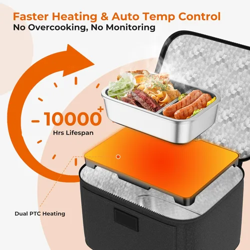 Miniatura 3 de Lonchera eléctrica con calentador de alimentos - 12V/24V/110V Horno portátil 3-en-1, calentador de alimentos para automóvil, mini microondas Negro