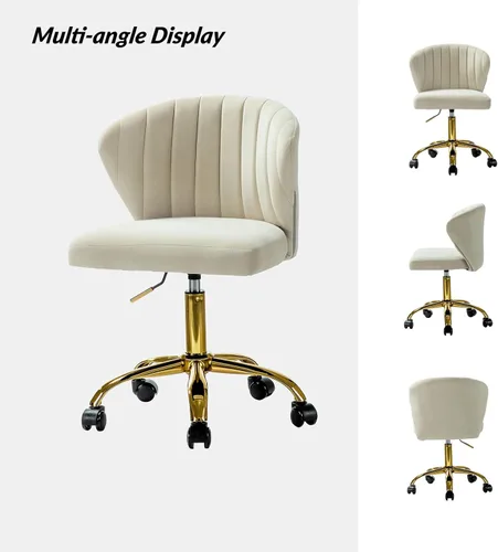Miniatura 7 de HULALA HOME Silla de escritorio de oficina en casa con ruedas doradas, pequeña y linda silla de tocador con respaldo para dormitorio, asiento