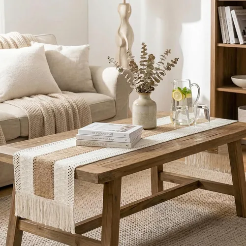 Miniatura 6 de OurWarm Camino de mesa de macramé estilo granja, camino de mesa bohemio de arpillera natural, decoración de granja moderna, algodón rústico tejido