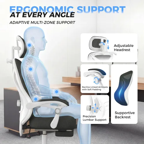 Miniatura 9 de Silla de oficina ergonómica con reposapiés, soporte lumbar ajustable y reposacabezas, silla de computadora reclinable de malla de 90-160°, oficina