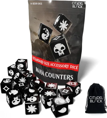 Citadel Black MTG - Juego de 16 dados de maná premium, con bolsa de terciopelo con cordón, Magic: The Gathering