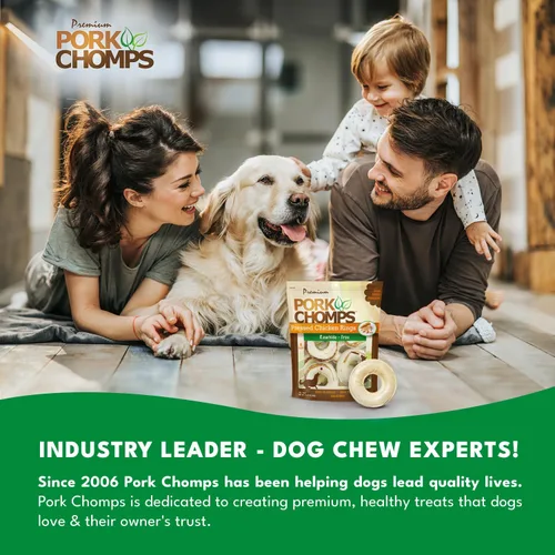 Miniatura 6 de Pork Chomps Masticables de piel de cerdo prensada para perros, anillos de 2.5 pulgadas, pollo real, 8 unidades, paquete de 1 – Golosinas de larga