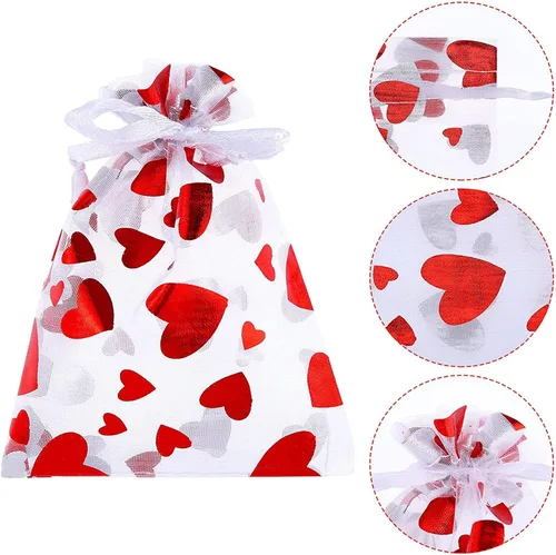 Miniatura 4 de SIROGOGO 50 bolsas de organza para el día de San Valentín, bolsas de dulces de corazón rojo, bolsas de joyería, bolsas con cordón para embalaje