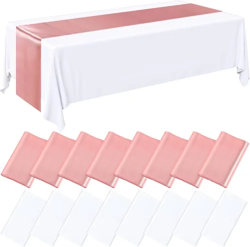 Miniatura 8 de Tudomro 16 piezas de manteles de plástico desechables negros y rosa fuerte y juego de camino de mesa de satén 54 x 108 pulgadas Mantel 12 x 108