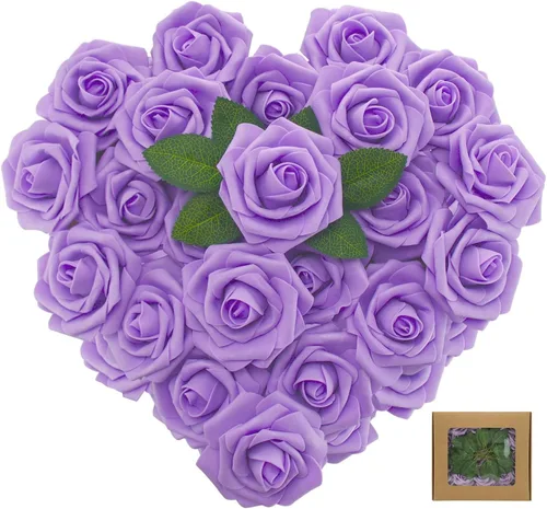 25 rosas artificiales de color púrpura con tallo largo, de espuma falsa con sensación real, para decoración, ramos de boda, centros de mesa, ducha