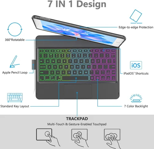 Miniatura 4 de COO Funda con teclado para iPad 10.2" 9ª/8ª/7ª generación, para iPad Air 10.5" (3ª generación) / para iPad Pro 10.5", con retroiluminación de 10