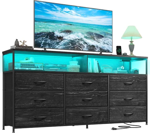 Romorgniz Cómoda de 55 pulgadas de ancho para dormitorio con 9 cajones, soporte de TV LED con tomas de corriente para TV de 45, 55, 65 pulgadas,