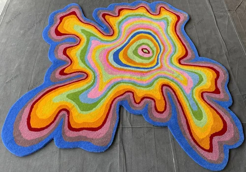Miniatura 8 de Alfombra de forma irregular con patrón de ilusión copetuda a mano, 100% lana, hecha a mano (color multicolor, 4 x 4 pies)