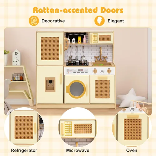 Miniatura 4 de Costzon Juego de cocina para niños, juguete Montessori de madera para niños pequeños de juego de simulación con puerta de ratán, luz y sonido, Ratán