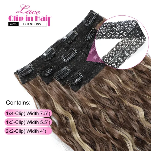 Miniatura 3 de Extensiones de cabello con clip de 20 pulgadas, 4 piezas, color sirena ondulado, rizado, grueso, invisible, trama de encaje color castaño ceniza
