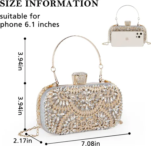 Miniatura 2 de Bolso de mano con diamantes de imitación, bolsa de noche floral de cristal brillante para mujer, formal, graduación, boda, fiesta