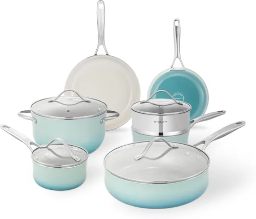 ONGIFT Juego de ollas y sartenes de cocina antiadherente, juego de 11 piezas de utensilios de cocina de cerámica con mango que se mantiene fresco,