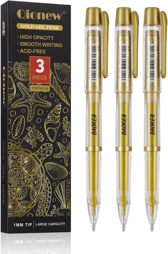 Qionew Bolígrafos de gel dorados, paquete de 3 bolígrafos de tinta de gel fina de 0.039 pulgadas, tinta opaca, para artistas que dibujan en papel