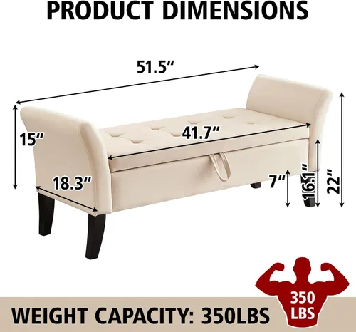 Miniatura 2 de NIOIIKIT Banco otomano tapizado de terciopelo de 51.5 pies con parte superior abatible, banco largo para dormitorio o sala de estar (beige)