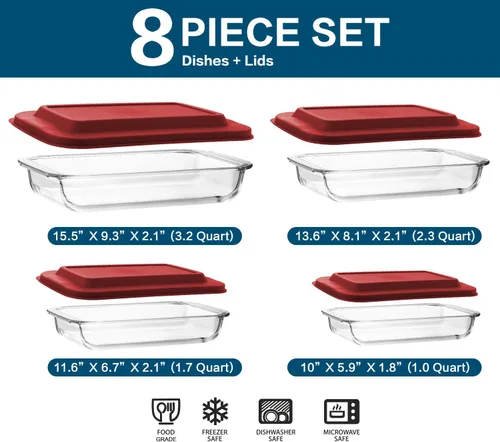 Miniatura 2 de Juego de 8 platos para hornear de vidrio profundo con tapas de plástico, juego de utensilios rectangulares de vidrio con tapas, moldes para hornear