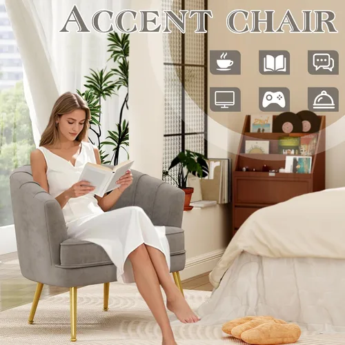 Miniatura 7 de Silla de acento de terciopelo Andeworld, silla de sofá individual moderna tapizada, sillón de club de barril cómodo para sala de estar con patas