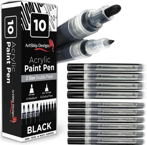 ArtShip Design 10 rotuladores de pintura acrílica negros, paquete doble de marcadores de pintura de punta extra fina y media, para pintura en roca,