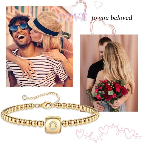 Miniatura 6 de Pulseras con iniciales de oro para mujeres y niñas, chapados en oro de 14 quilates, pulsera de cuentas redondas con dije de dados cuadrados, pulsera
