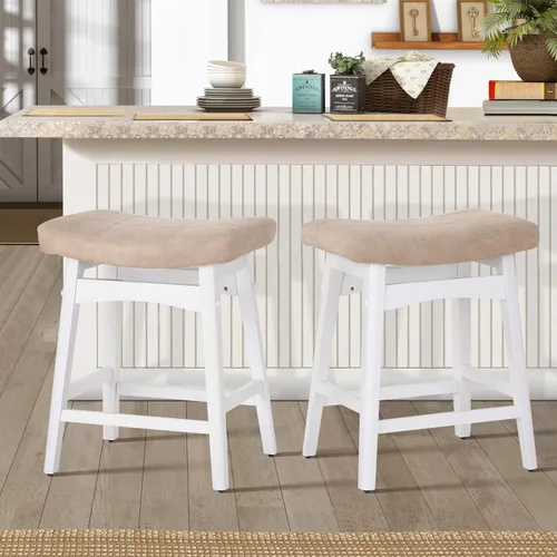 Miniatura 26 de ALPHA HOME Taburete de bar, taburete de cocina de silla de montar de madera maciza con cojín de tela de lino beige, taburete de bar de altura