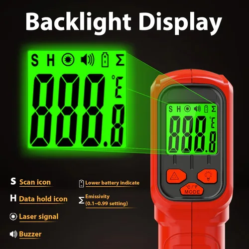 Miniatura 8 de FKM, pistola con termómetro láser, infrarroja, sin contacto, pistola de temperatura, -58 °F ~ 986 °F (-50 °C ~ 530 °C), emissividad ajustable