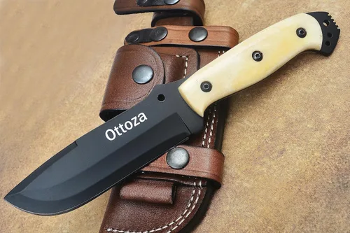Miniatura 2 de Ottoza Cuchillo de caza de hoja fija con funda de cuero y transporte horizontal, cuchillo de supervivencia y campamento al aire libre de espiga