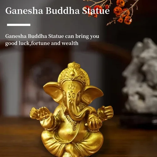 Miniatura 4 de Estatuas hindú de oro de Lord Ganesha, 1 pieza de escultura de resina de elefante indio, estatua de Dios, figura de Ganesh, adornos de elefante