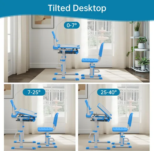Miniatura 6 de SMAGREHO Juego de escritorio y silla para niños, mesas de escritura de estudio escolar para niños con altura ajustable con escritorio inclinable