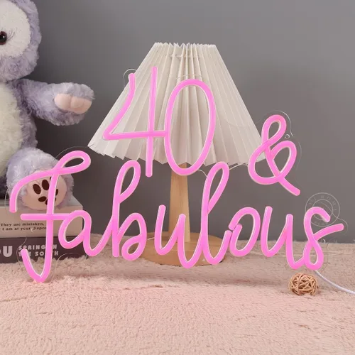 Miniatura 7 de SYLHOME Letrero de luz de neón LED rosa de 40 y fabuloso, letrero de decoración de pared para fiesta de cumpleaños de cuarenta años, letrero