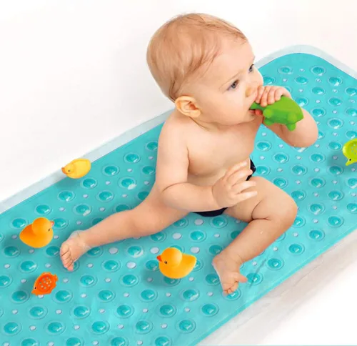 Miniatura 15 de Sheepping Alfombra de baño para bebé antideslizante extra larga para niños, de 40 x 16 pulgadas, alfombrilla de baño ecológica con 200 ventosas Azul