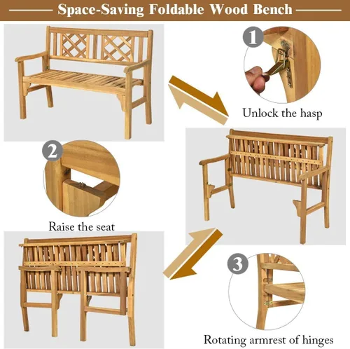 Miniatura 5 de HAPPYGRILL Banco de patio al aire libre, banco de jardín de madera de acacia con respaldo y reposabrazos, silla plegable de 4 pies para dos personas
