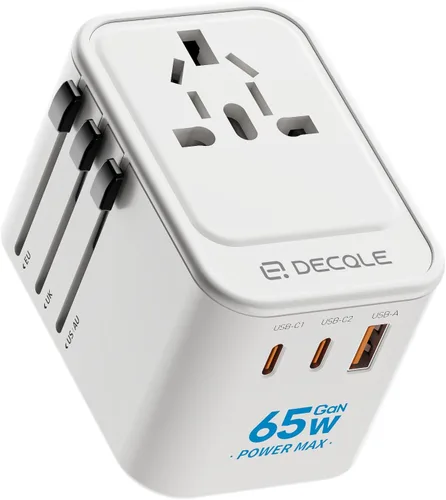 Adaptador de viaje universal, adaptador de enchufe de viaje internacional con 2 puertos USB-C (GaN 65W) y 1 puerto USB-A, adaptador portátil todo en