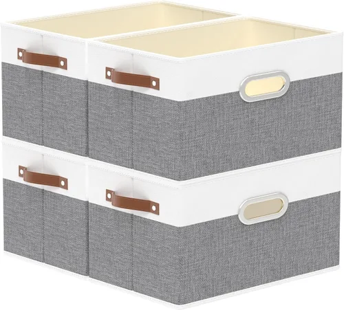 Miniatura 25 de Yawinhe Cestas de almacenamiento de tela, organizador plegable de armario para estantes, cajas grandes con 3 asas, contenedores de lona para ropa