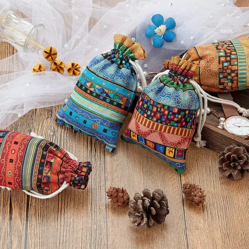 Miniatura 6 de Paquete de 56 bolsas de joyería de caramelo egipcio, bolsas de monedas con estampado azteca, bolsa de regalo con cordón para regalos de devolución