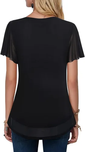 Miniatura 2 de VALOLIA Camisetas de manga corta para mujer, estilo casual, cuello en V, doble capa, túnicas de malla