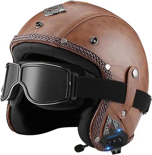 Miniatura 16 de Casco retro de motocicleta con Bluetooth, casco de cuero Jet con gafas personalizadas, medio casco de motocicleta 3/4 aprobado por DOT, casco