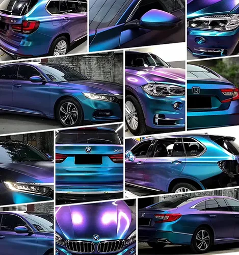 Miniatura 10 de Vinilo adhesivo de coche de color morado metálico brillante a azul camaleón, cinta adhesiva de película adhesiva de liberación de aire