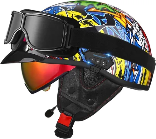 Miniatura 11 de Casco de cara abierta con Bluetooth para hombres y mujeres, casco retro de estilo alemán con diseño de calavera, visera con gafas, casco de media